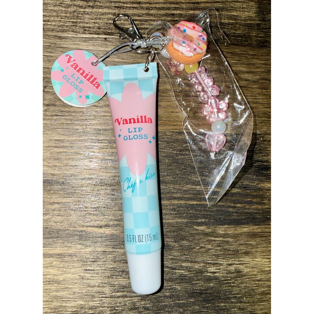 Walgreens Vanilla Lip Gloss 0.5oz NEW Donut Bead Keychain Blue Pink Checkered